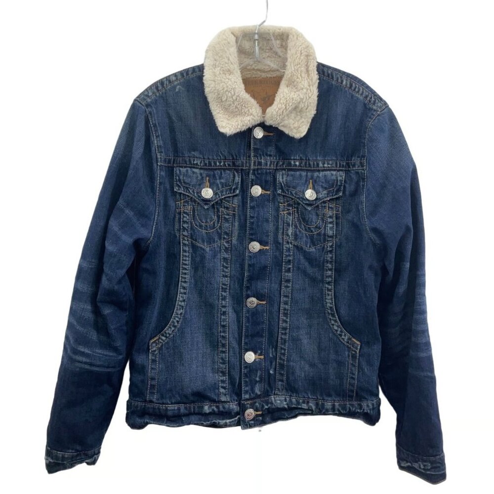 True Religion Mens Blue Denim Faux Fur Lined Cotton Bomber